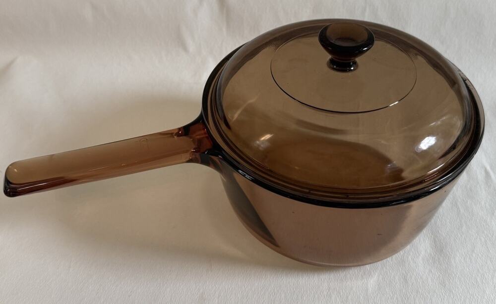 Vintage Corning Vision Ware 1.5 L Amber Glass Pot Sauce Pan With Lid Made In USA